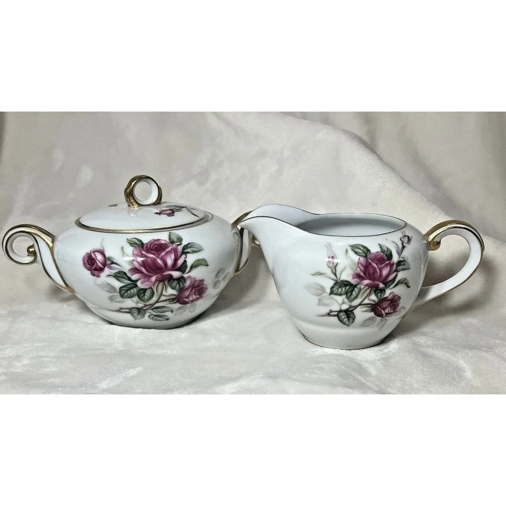Wentworth China Cameo Rose Creamer and Covered Sugar Bowl Eterna Shape Gold Trim